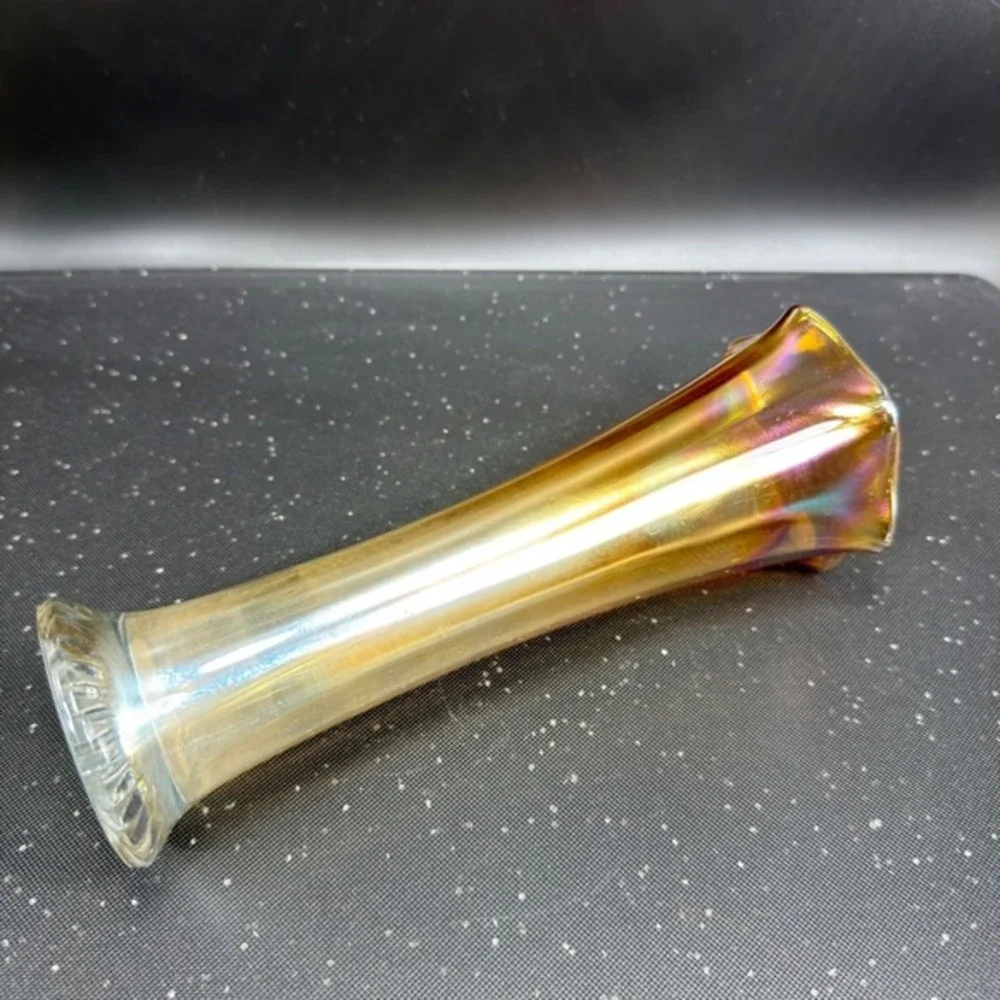 Vintage Marigold Carnival Glass‎ Iridescent Ruffled Trumpet Vase 8 Inch Sunburst